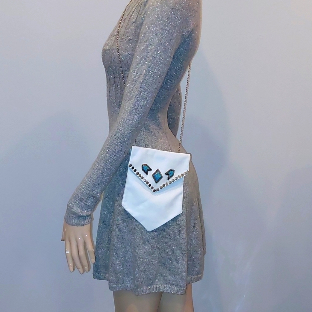 Nina Arjan Vintage 1992 genuine white purse leather mini bag with turquoise - Picture 3 of 8